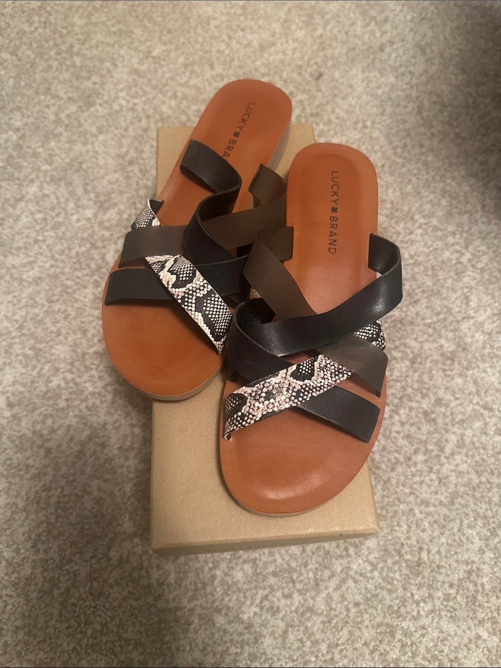 Lucky Brand Black & Tan Snakeskin-Trim Slide Sandals